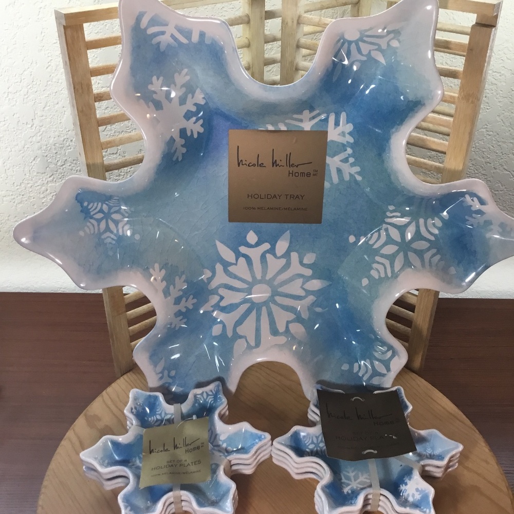 Nicole Miller Snowflake Christmas Melamine Platter 19” with 8 Side Dishes 7” NWT